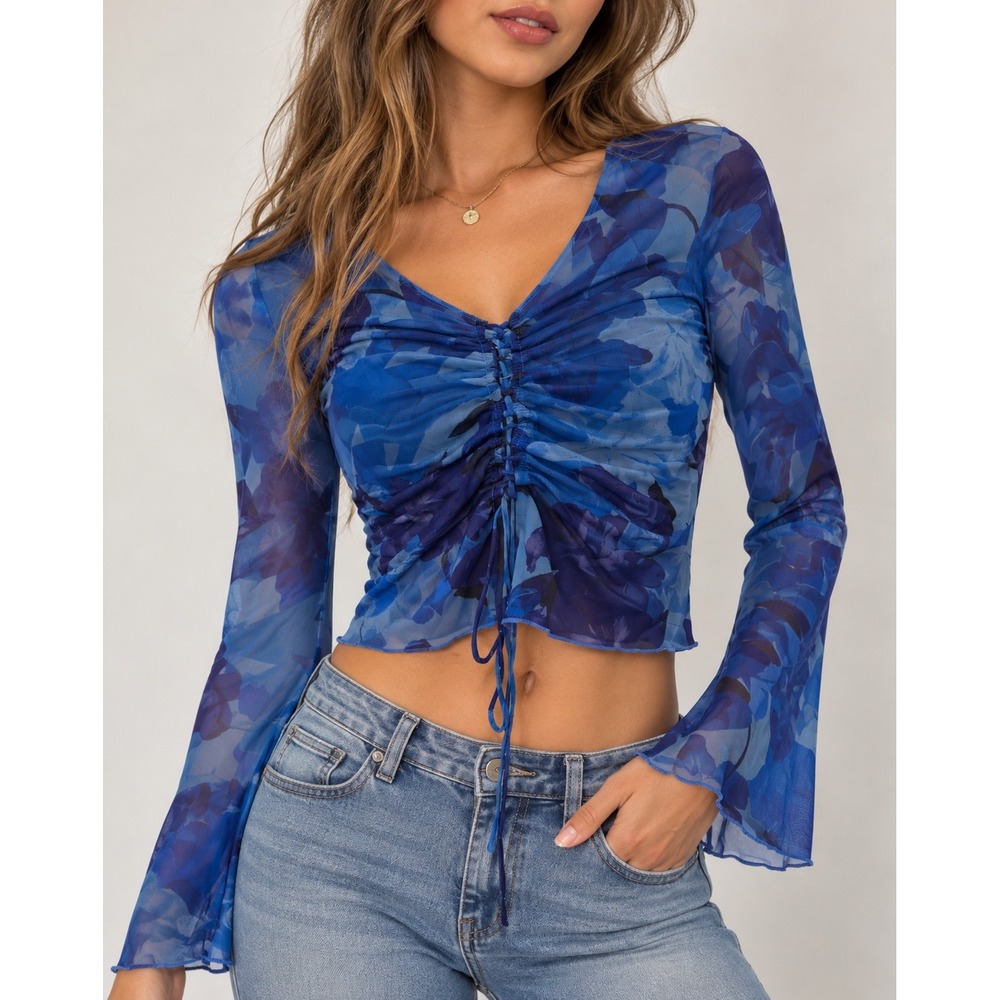 Princess Polly Blue Floral Mesh Ruched Tie Front Long Sleeve Top US 6 Y2K